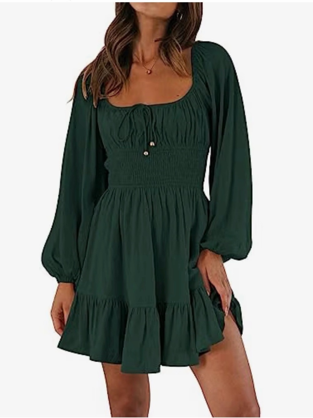 Smocked Waist Square Neck Mini Dress in Forest Green